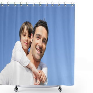 Personality  Boy Riding Piggy Back On His Father's Back Shower Curtains