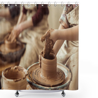 Personality  Close Up Of Child Hands Working On Pottery Wheel At Workshop Shower Curtains