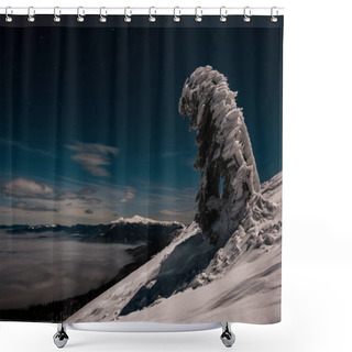 Personality  Scenic View Of Mountain And Pine Tree Covered With Snow Against Dark Sky In Evening Shower Curtains