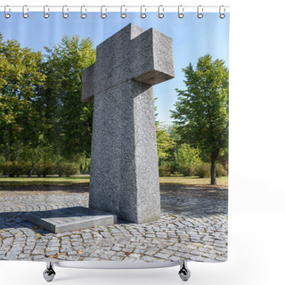 Personality  Memorial Headstone In Shape Of Cross At Cemetery  Shower Curtains