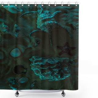 Personality  Top View Of Seashells, Starfish And Coral On Sand With Dark Light Shower Curtains