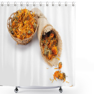 Personality  Herbs. Dried Calendula Or Pot Marigold Flowers Isolated On White Shower Curtains