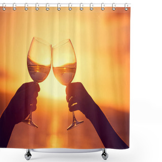 Personality  Man And Woman Clanging Wine Glasses With Champagne At Sunset Dra Shower Curtains