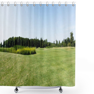 Personality  Panoramic Shot Of Blue Sky In Green Park With Trees In Summertime  Shower Curtains