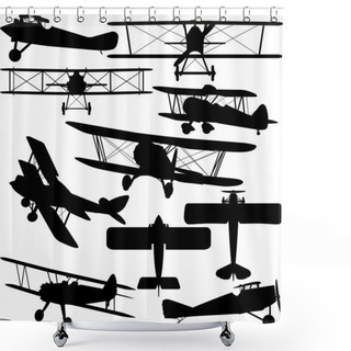 Personality  Silhouettes Of Old Aeroplane - Contours Of Biplanes Shower Curtains