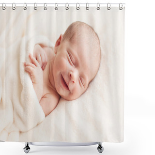 Personality  Newborn Baby Girl Asleep On A Blanket. Shower Curtains