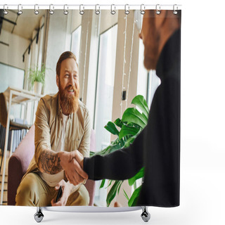 Personality  Cheerful, Bearded And Tattooed Businessman Shaking Hands With Ambitious Entrepreneur In Black Turtleneck While Sitting In Contemporary Office, Successful Partnership Concept Shower Curtains