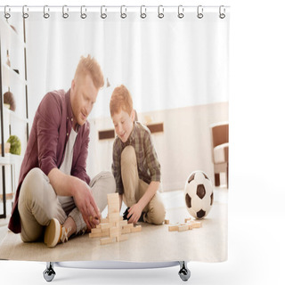 Personality  Smiling Father And Son Playing With Wooden Blocks At Home Shower Curtains