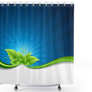 Personality  Green Leaves Ecology On Lighting Blue Background Shower Curtains