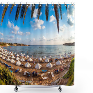 Personality  Tourists Relaxing On The Beach In The Summer Vacation. Peyia Village, Paphos District, Cyprus. Shower Curtains