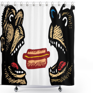 Personality  Woodcut Illustration Of Man And Dog Eating Hot Dog Shower Curtains