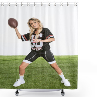Personality  Bewildered Young Woman In American Football Uniform Throwing Ball While Standing On Green Grass Isolated On White Shower Curtains