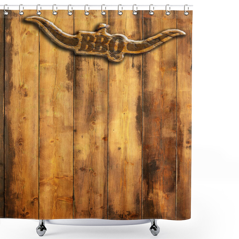 Personality  Barbecue Insignia With Horns On A Wooden Wall Shower Curtains