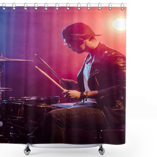 Personality  Side View Of Male Musician In Leather Jacket Playing Drums During Rock Concert On Stage With Smoke And Dramatic Lighting  Shower Curtains