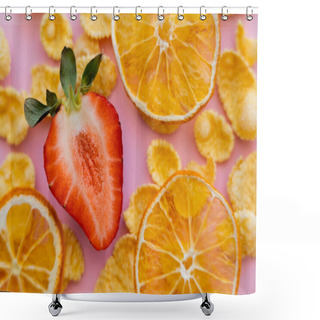 Personality  Close Up View Of Fresh Sliced Strawberry Around Crispy Corn Flakes And Dried Oranges On Pink Shower Curtains
