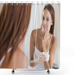 Personality  Woman In Bathroom Applying Face Cream Smiling Shower Curtains