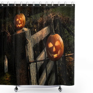 Personality  Two Halloween Pumpkins Sitting On Fence Shower Curtains