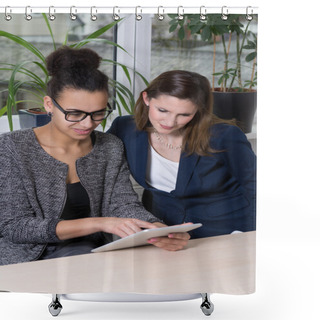 Personality  Woman Is Showing Something At A Tablet Shower Curtains