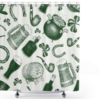 Personality  Hand Drawn Vector Seamles Pattern With Leprechaun Hat, Clover, Beer Mug, Barrel, Golden Coin Pot For St. Patricks Day. Irish Retro Illustration. Shower Curtains