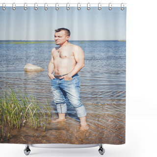 Personality  Handsome Man With Naked Torso Standing In The Sea  Shower Curtains