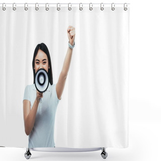 Personality  Asian Girl Screaming In Megaphone Isolated On White Shower Curtains