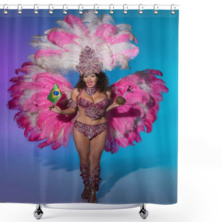 Personality  Cheerful Woman In Carnival Costume With Pink Feathers Holding Coconut And Brasil Flag On Blue Background Shower Curtains