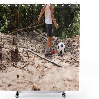 Personality  Cropped View Of Destitute African American Child Playing Football On Dirty Road In Slum  Shower Curtains