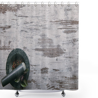 Personality  Mortar And Pestle With Pepper On Rustic Wooden Table Shower Curtains