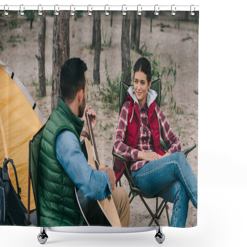 Personality  Man Playing Acoustic Guitar For Smiling Wife On Camping Shower Curtains