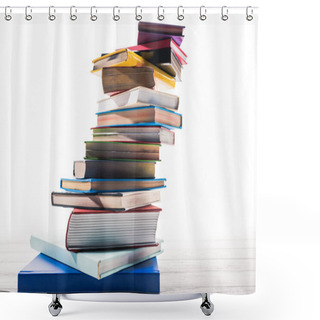 Personality  Books Stacked In Mess On White Table Shower Curtains