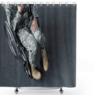 Personality  Overhead View Of Depressed Disabled Man In Military Uniform Sitting In Wheelchair Shower Curtains
