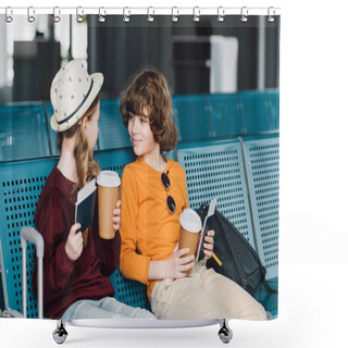 Personality  Cute Preteen Kids Sitting In Waiting Hall With Coffee To Go And Passports Shower Curtains