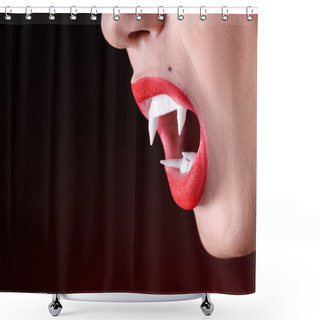 Personality  Close Up Shot Of Woman Vamire Mouth With White Fangs Shower Curtains