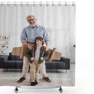 Personality  Smiling Grandfather Hugging Kid In Aviator Costume  Shower Curtains