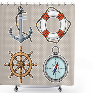 Personality  Set With Isolated Anchor, Lifebuoy, Ship's Wheel, Compass Shower Curtains
