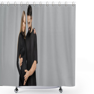 Personality  Cheerful Bearded Man In Black T-shirt Touching Belly Of Fair Haired And Pregnant Stylish Wife In Dress And Hugging Isolated On Grey, Growing New Life Concept, Copy Space, Banner  Shower Curtains