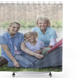 Personality  Woman With Mother And Daughter Putting Up A Tent Shower Curtains