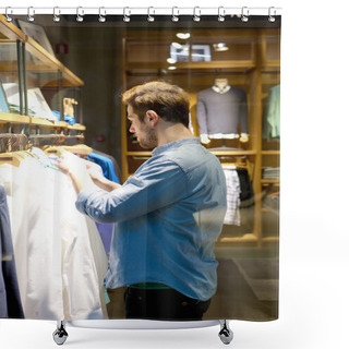 Personality  Young Man Selecting Shirts To Buy At Shop  Shower Curtains