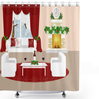 Personality  The Interior Of The Living Room. Christmas Interior-vector Illustration. Cartoon Shower Curtains