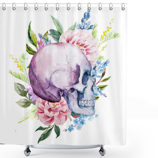 Personality  Watercolor Skull With Flowers Shower Curtains