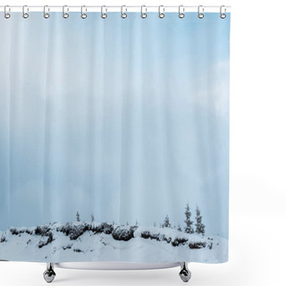 Personality  Scenic View Of Snowy Hill With Pine Trees And White Fluffy Clouds Shower Curtains