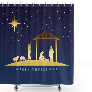 Personality  Happy Merry Christmas Manger Scene With Golden Holy Family In Stable And Animals Shower Curtains