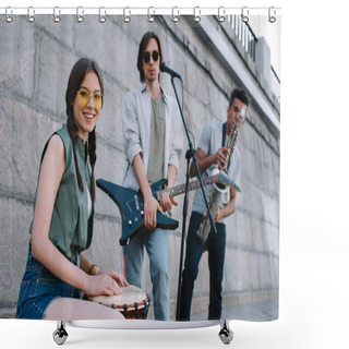 Personality  Young Hipster Buskers With Musical Instruments Playing At City Street Shower Curtains