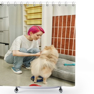 Personality  Stylish Female Dog Sitter Playing With Pomeranian Spitz In Welcoming Pet Hotel, Canine Enjoyment Shower Curtains