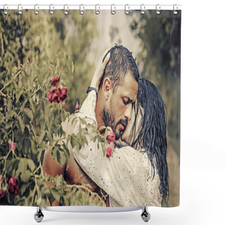 Personality  Love In The Garden. Passionate Couple In The Garden Hugging. Shower Curtains