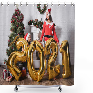 Personality  Daughter And Mother In Santa Hats Standing Behind Balloons With Numbers Shower Curtains