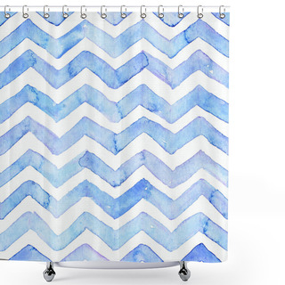 Personality  Blue Watercolor Seamless Pattern With Blue Zigzag Stripes, Hand Drawn With Imperfections And Water Splashes. Square Weave Design, Hand Drawn With Brush And Aqua Ink. Bright Colors On White Paper. Shower Curtains
