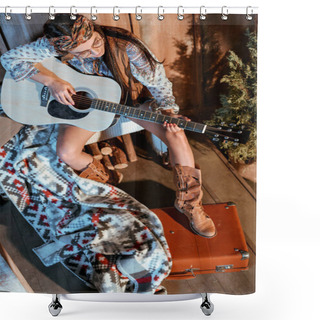 Personality  Hippie Girl Playing Acoustic Guitar  Shower Curtains