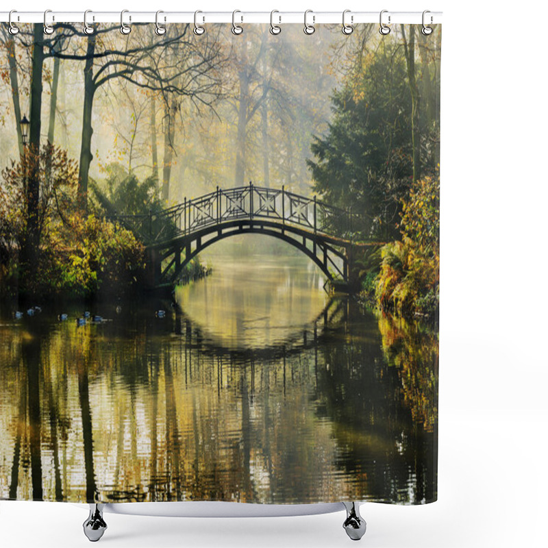 Personality  Autumn - Old Bridge In Autumn Misty Park Shower Curtains