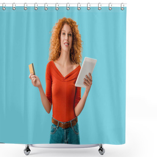 Personality  Smiling Girl Shopping Online With Digital Tablet And Credit Card Isolated On Blue Shower Curtains